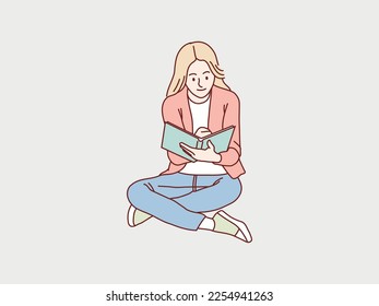 girl sitting on floor with legs crossed reading book simple korean style illustration