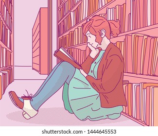 A girl is sitting on the floor of the library reading a book. hand drawn style vector design illustrations. 