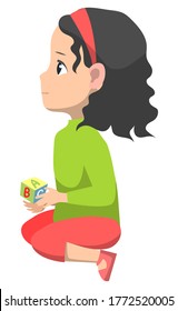 Girl sitting on floor and looking up. Kid with dark black hair and brown eyes. Child sit in green sweater or shirt and red pants. Person isolated on white background. Vector illustration in flat style