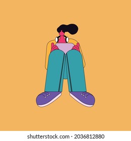 Girl sitting on the floor looking at her laptop. Remote work, freelance. Flat vector illustration