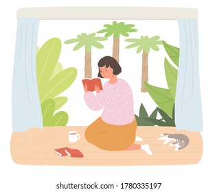 Una chica está sentada en el suelo leyendo un libro y un gato está durmiendo a su lado. Hay un jardín al fondo. ilustraciones de diseño vectorial de estilo dibujado a mano. 