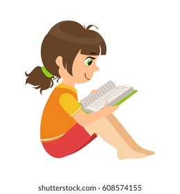 Girl Sitting On The Floor Reading A Book, Part Of Kids Loving To Read Vector Illustrations Series