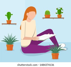 Girl is sitting on the floor, she is opening book in her hands and reading. Young student character vector. Flat concept of home comfort, hobby, cozy apartment with cactus and plants.