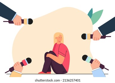 Girl sitting on floor surrounded by hands holding microphones. Interview with tiny female victim of violence flat vector illustration. Journalism concept for banner, website design or landing web page