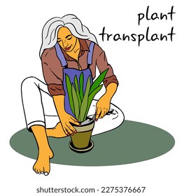 girl sitting on the floor transplants houseplant using garden tools. house plant care. girl gardener in overalls.