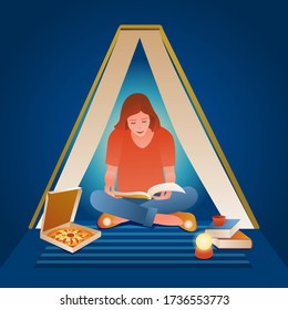 Girl Sitting on Floor Under Big Book. Woman sitting and reading in book's fortress at home. Flat vector illustration on classic blue background.