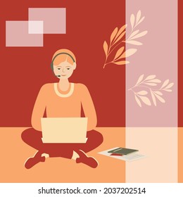 Girl sitting on floor and using laptop. Young woman work or study at home. Video conference. Freelance work or online communication. Vector illustration