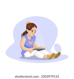 Girl sitting on floor using tablet. Vector illustration