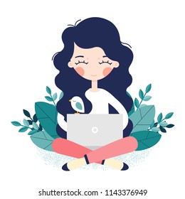 Girl sitting on the floor and working with laptop. Vector illustration