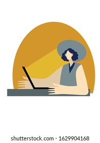Girl sitting on the floor and working with laptop in social networks. Hand drawn. Vector illustration 