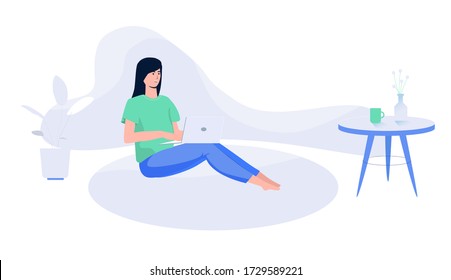 Girl sitting on flor works with laptop, modern freelancer template for website. Self isolation during Covid-19 virus epidemic. Flat cartoon vector illustration.