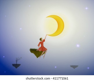 girl sitting on flying rock and touching the moon, in the dreams, fairy land on the sky, vector