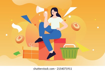 Girl sitting on gift box shopping, boy holding gift box for delivery, vector illustration