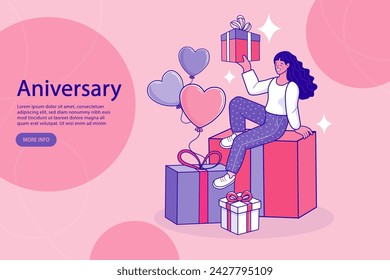 Girl sitting on a gift box. The concept of promotional marketing, special offer or comapny birthday or anniversary. woman celebrating Christmas party. vector illustration.