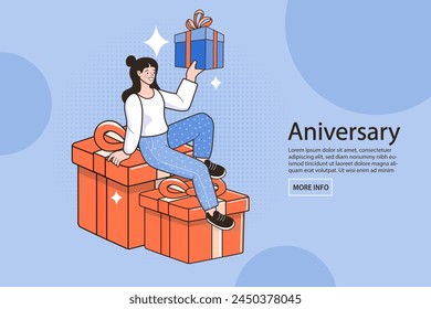 Girl sitting on a gift box. The concept of promotional marketing, special offer or comapny birthday or anniversary. woman celebrating Christmas party. vector illustration.