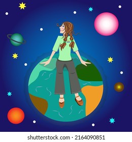 A girl sitting on the globe.