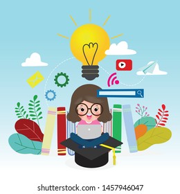 girl sitting on Graduation cap while surfing internet with a laptop for ideas. knowledge online. distance education concept. video tutorial, training courses. vector illustration