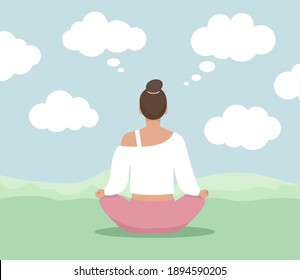 
The girl is sitting on the grass in the lotus position and is engaged in meditation. Thought clouds fly by.