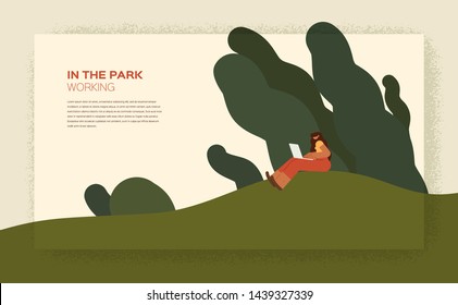 Girl sitting on the grass in the park under the trees and working on her laptop - side view - flat vector illustration, best for animation