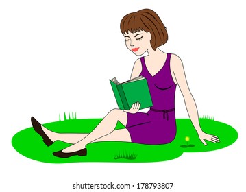 girl sitting on the grass and reading a book 