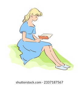 Girl sitting on the grass and reading a book. Drawing in vector, icon. Line and color.