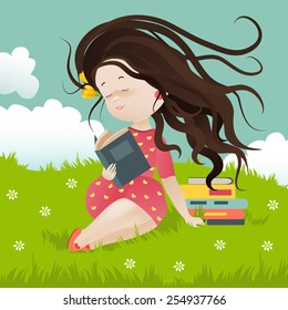 Girl sitting on grass reading a book. Vector illustration