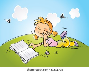 girl sitting on grass reading a book, vector cartoon drawing