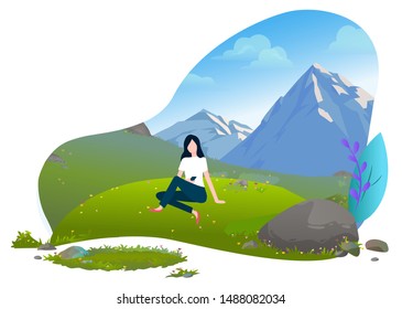 Girl sitting on green grass with her legs crossed and mountains view on background. Female traveler, tourist enjoying beautiful landscape. Vector illustration in flat cartoon style