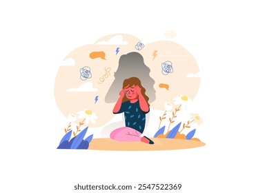 A girl sitting on the ground with her hands on her head, symbolizing distress or headache, surrounded by flowers and clouds. Vector illustration