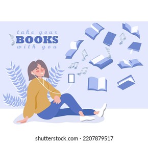 Girl sitting on the ground and listening to the audio-book. Woman on the floral background. Books flying around the woman with smartphone. Illustration in flat style. 