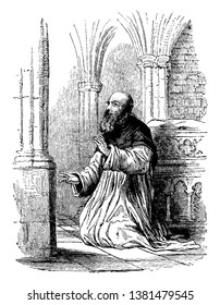 A girl is sitting on her knees on bed and doing pray, vintage line drawing or engraving illustration.