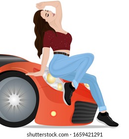 Girl sitting on the hood of a car. Vector art