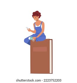 Girl Sitting on Huge Book With Smartphone in Hands Reading Online. Concept Of Online Library, Ebook, Education. World Book Reading Day with Student Female Character. Cartoon People Vector Illustration