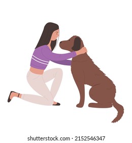 Niña sentada en la rodilla abrazando a su perro doméstico. Relación afectiva y cálida con ilustración vectorial de dibujos animados para mascotas