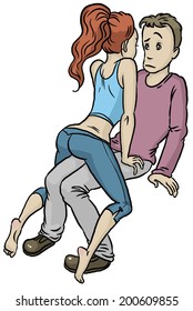 Girl sitting on the knees of a confused young man. A series of cartoon characters.