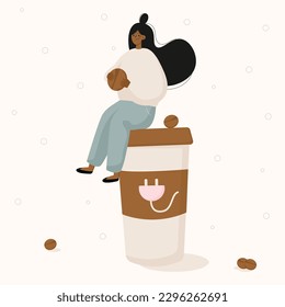 Girl sitting on a large mug of cofee.Woman with large cup of coffee and coffee beans.Energy caffein vector illustration