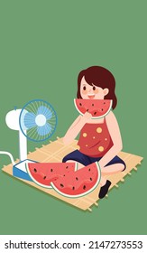 Girl sitting on lawn eating watermelon blowing fan, vector illustration