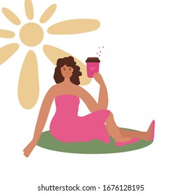 The girl is sitting on the lawn in the sun with a paper Cup of coffee in her hands. In a pink dress. Vector illustration.