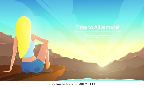 The girl is sitting on the ledge of the mountain. A woman looks at the dawn between the mountains. Vector illustration. Web banner on the theme of summer vacation.