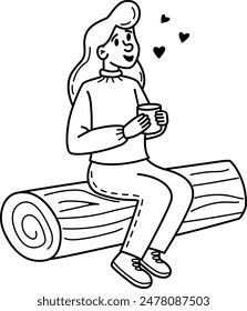 The girl is sitting on a log and drinking tea. Black and white contour drawing, Drinking tea, sitting on logs in the forest. Vector illustration on a transparent background. Advertising, coloring book