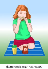 Girl sitting on the mat, and dinner. Picnic in the open air. Fast food. Children's illustration. Vector.