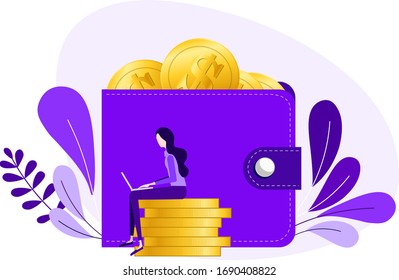 The girl is sitting on the money next to the wallet. Work online. Work at home. Online walletonline payment, e transfer digital wallet vector illustration concept, can use for, landing page.
