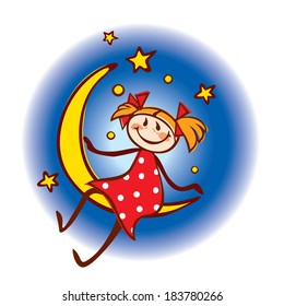 Girl sitting on the month in the red dress with white polka dots, dangling his feet, against the dark sky and stars. svg