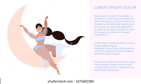 Girl sitting on the moon. Long hair beautiful girl sitting on the crescent. Hand drawn vector illustration. Boudoir  female beauty concept.  Modern design for banner, leaflet, promo brochure.  