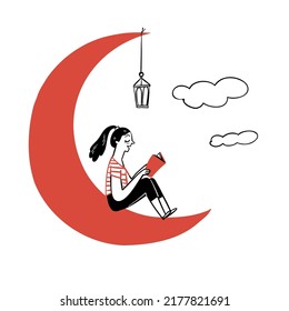 The girl sitting on the moon reading a book, Hand drawn vector illustration doodle style.