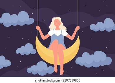 Girl sitting on moon in sleep at night vector illustration. Cartoon young cute woman with long hair riding crescent swing among silhouettes of clouds, fantasy and romantic dreams of female character