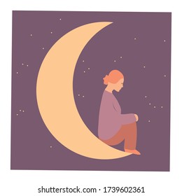 Girl sitting on the moon. Vector illustration. EPS 10.