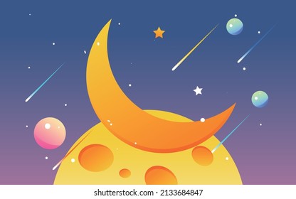 Girl sitting on the moon, world autism day, starry sky fairy tale, vector illustration