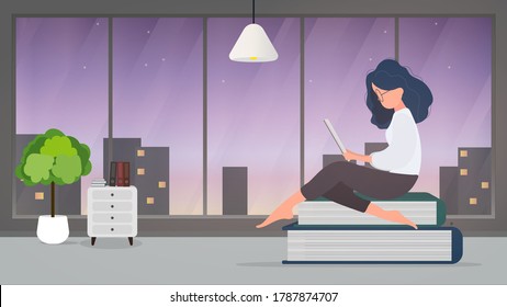 The girl is sitting on a mountain of books. The woman is reading a book. Vector.