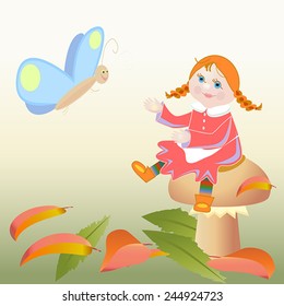 girl sitting on a mushroom and butterfly